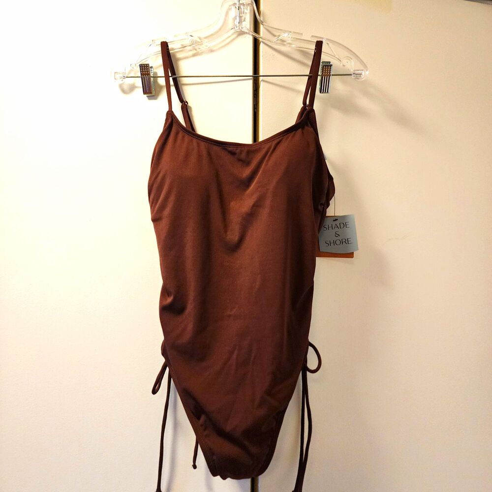 Shade & Shore Brown Ribbed Ruched One Piece Swimsuit Spaghetti Straps M NWT